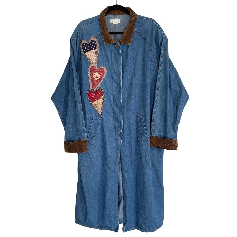 Michelle Louise‎ Vintage Denim Duster Chore Barn Coat Americana Heart Patchwork